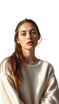 Woman in a beige sweater with long hair looking thoughtful on a black background, casual portrait. png