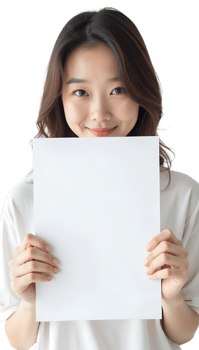 Smiling woman holding a blank piece of paper on a white background, cheerful portrait. png