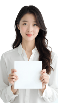 Woman smiling and holding a blank piece of paper on a black background, cheerful expression portrait. png