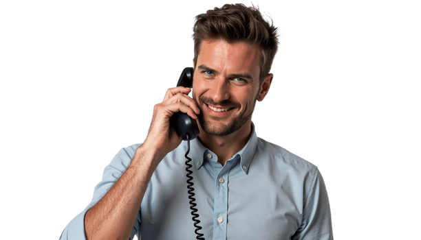 Smiling man in a grey shirt talking on the phone, casual portrait on a black background. png