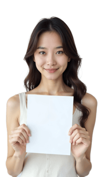 Woman holding a blank piece of paper in front of her on a black background, neutral expression portrait. png