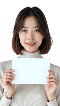 Woman holding a blank card and smiling on a black background, cheerful expression portrait. png