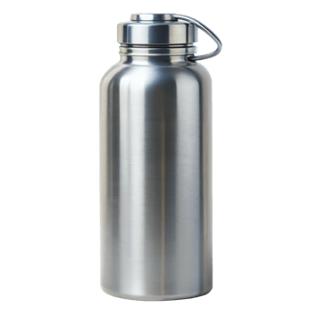 Silver stainless steel water bottle on a black background, minimalist reusable container. png