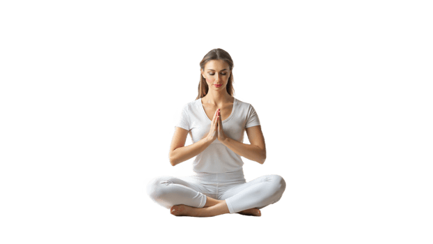 Woman seated in meditation pose with hands in prayer, focusing on mindfulness and inner peace png