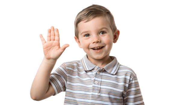 Smiling boy raising his hand on a black background, cheerful portrait of a young child. png
