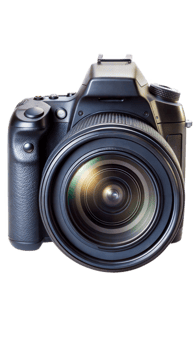 Professional digital camera with a large lens on a black background, photography equipment portrait. png