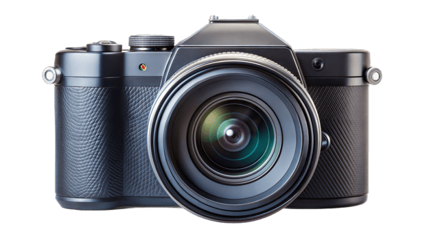 Retro style digital camera with a black lens on a black background, vintage photography equipment. png