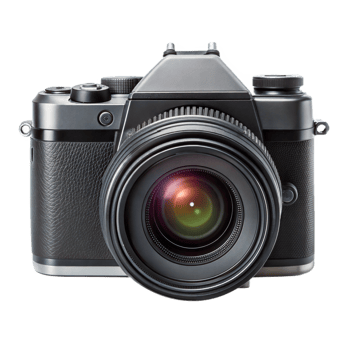 Professional digital camera with a large lens on a black background, photography technology equipment. png