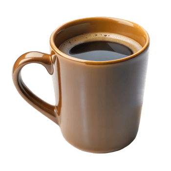 Brown coffee cup filled with black coffee on a black background, morning drink and beverage concept. png