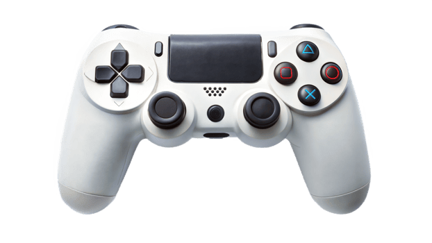 White gaming controller with black buttons on a black background, game technology device. png