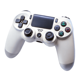 White gaming controller with dual joysticks on a black background, game console accessory. png