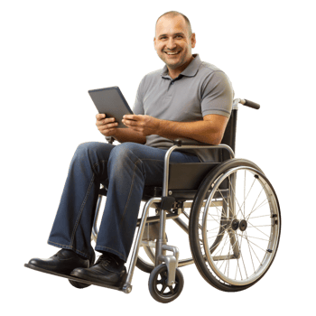 Smiling man in a wheelchair holding a digital tablet on a black background, adult with assistive technology. png