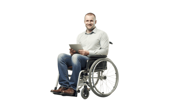 Smiling man in a wheelchair working on a laptop on a black background, adult using assistive technology. png