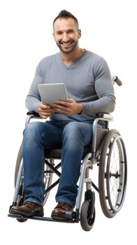 Smiling man sitting in a wheelchair holding a digital tablet on a black background, adult with assistive technology. png