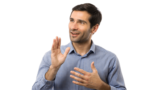 Smiling man signing in American Sign Language on a black background, communication through ASL. png