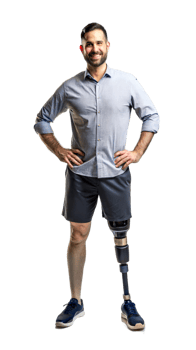 Happy man with a prosthetic leg standing confidently on a black background, adult with assistive technology. png