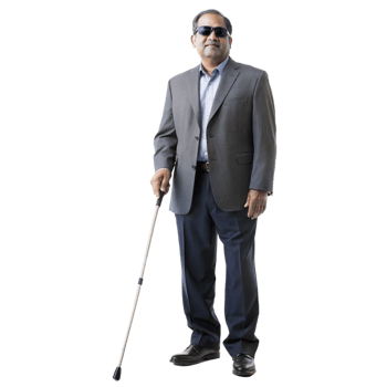 Elderly man in a suit using a white cane on a black background, symbol of mobility assistance. png