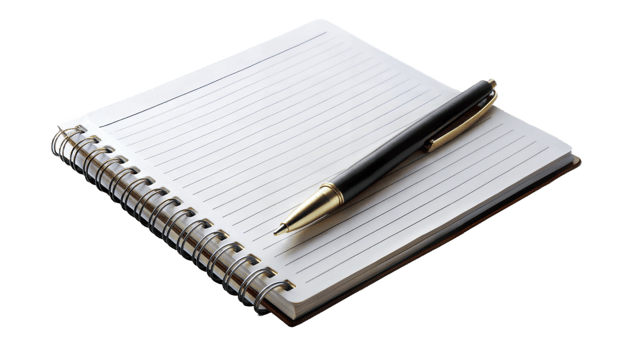 Notebook icon with a pen on a black background, symbol of writing and documentation. png