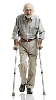 Elderly man walking with crutches on a black background, symbol of mobility assistance and rehabilitation. png