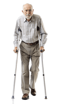 Elderly man walking with crutches on a black background, symbol of physical aid and mobility support. png