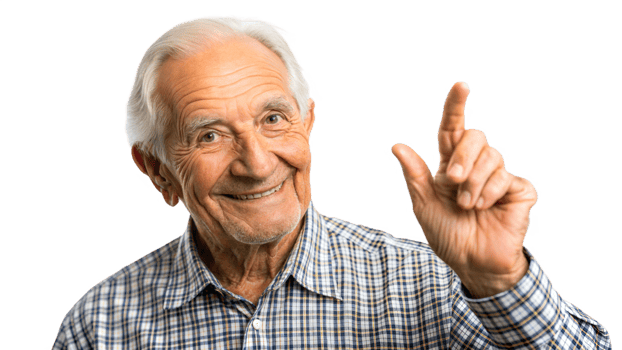Smiling elderly man pointing upwards on a black background, symbol of positivity and joy in old age. png