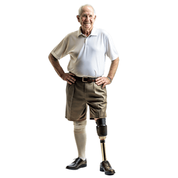 Elderly man with a prosthetic leg standing confidently on a black background, symbol of assistive technology and mobility. png