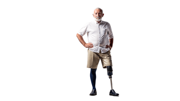 Elderly man with a prosthetic leg on a black background, symbol of mobility aid and rehabilitation. png