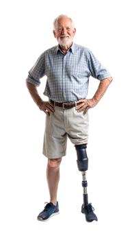 Smiling elderly man with a prosthetic leg on a black background, symbol of mobility and assistive technology. png