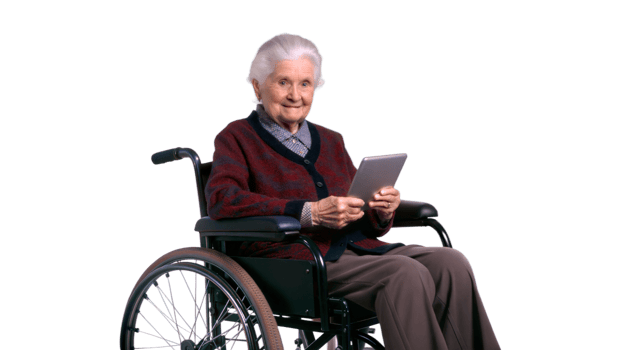 Smiling elderly woman in a wheelchair using a tablet on a black background, symbol of technology and accessibility. png