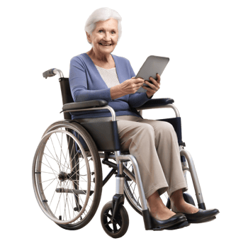 Smiling elderly woman in a wheelchair using a tablet on a black background, symbol of technology and assistive devices. png
