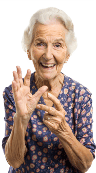 Smiling elderly woman waving her hands, symbol of joy and positive emotions in old age. png