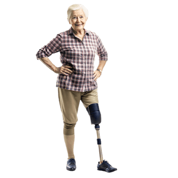 Smiling elderly woman with a prosthetic leg, symbol of strength and mobility support. png
