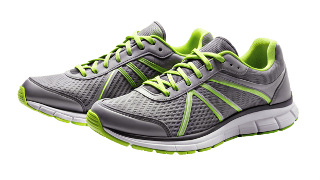 Pair of green running shoes on a black background, symbol of fitness and sports activity. png