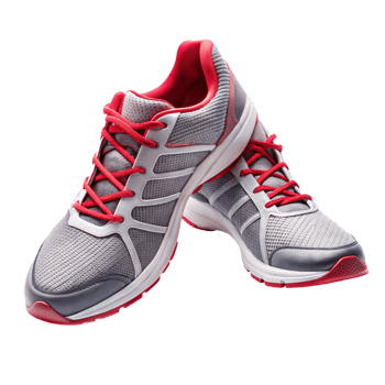 Pair of gray and red running shoes on a black background, symbol of athletic performance. png