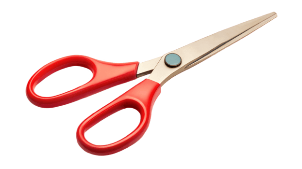 Red handled scissors on a black background, symbol of cutting tools and crafting work. png