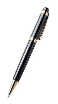 Black pen with gold details isolated on black background, symbolizing elegance and writing tools. png