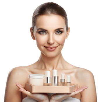 Woman holding skincare and beauty products, representing facial care and wellness. png