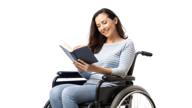 Smiling woman in a wheelchair reading a book for education and relaxation. png