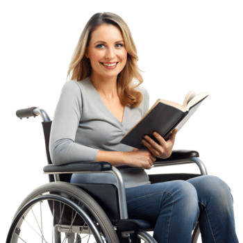 Woman sitting in a wheelchair reading a book for leisure and education. png