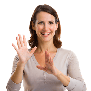 Woman smiling while using sign language for communication and inclusivity. png