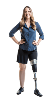 Woman standing confidently with a prosthetic leg, representing strength and mobility. png