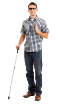 Blind man walking with a white cane, symbolizing mobility aid and independence. png