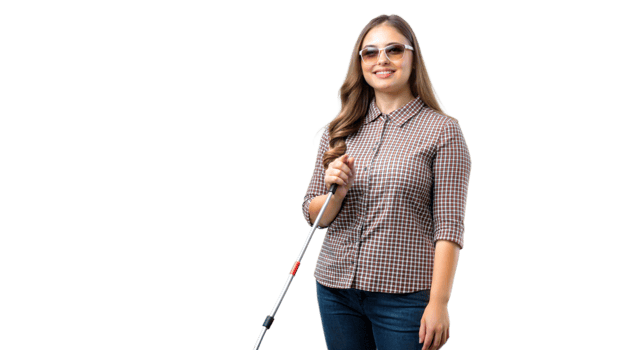 Woman walking with a white cane, representing vision improvement and independence. png