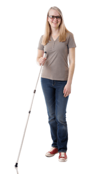 Woman confidently walking with a white cane, symbolizing mobility aid and independence. png