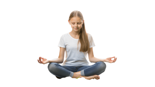 Young girl meditating in a seated pose practicing mindfulness and relaxation on a transparent background png