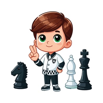 A cartoon boy with chess pieces and a peace sign vector