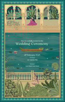 Indian Mughal wedding invitation design with floral patterns, a serene riverside scene with floating petals and a boat, a woman in traditional attire seated on an arched balcony, and lush greenery vector