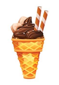 Chocolate ice cream in a waffle cone, topped with marshmallows and wafer sticks. cartoon illustration vector