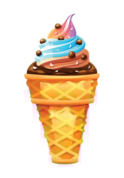 Swirled rainbow and chocolate ice cream topped with crunchy balls in a waffle cone. cartoon illustration vector