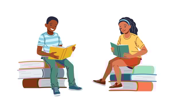 Multiracial girl and boy read sitting on stack of books flat color illustration. Happy teenagers enjoy interesting stories concept icon on white vector